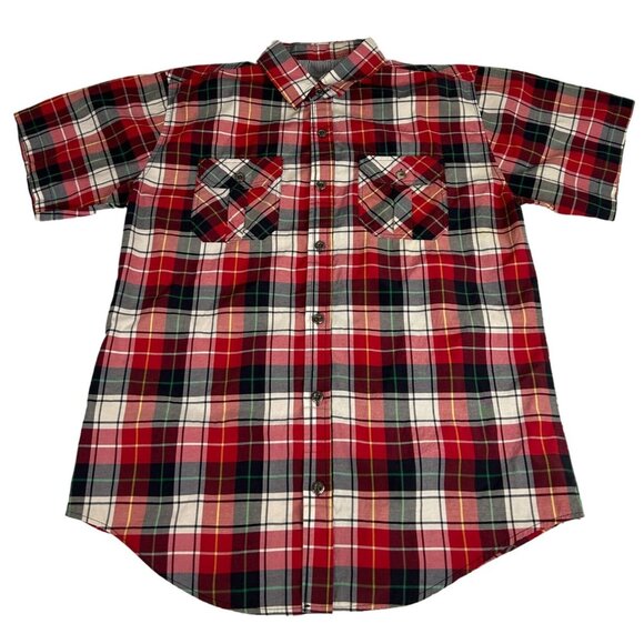Ablanche New York Plaid Check Shirt Men's Sz L Red Short Sleeve Pockets Collared - Picture 1 of 5